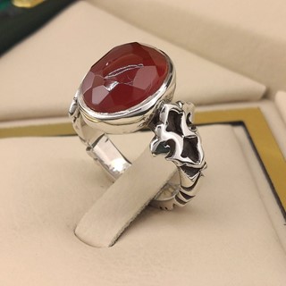 انگشتر نقره مردانه عقیق یمنی سرخ الماس تراش کد S126416