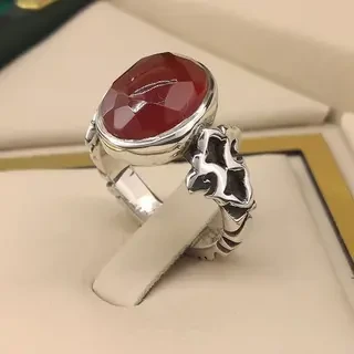 انگشتر نقره مردانه عقیق یمنی سرخ الماس تراش کد S126416