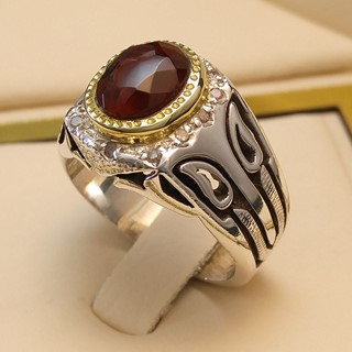 انگشتر نقره مردانه عقیق یمنی سرخ الماس تراش کد S129003
