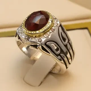 انگشتر نقره مردانه عقیق یمنی سرخ الماس تراش کد S129003