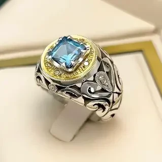 انگشتر نقره مردانه توپاز آبی سوئیسی کد S133156
