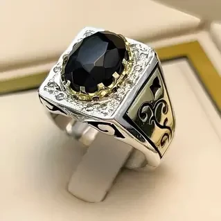 انگشتر نقره مردانه عقیق یمنی مشکی الماس تراش کد S133167