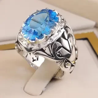 انگشتر نقره مردانه توپاز آبی سوئیسی کد S142228