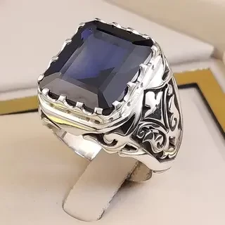 انگشتر نقره مردانه نگین یاقوت کبود سنتاتیک کد S142230