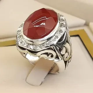 انگشتر نقره مردانه عقیق یمنی سرخ الماس تراش کد S142233