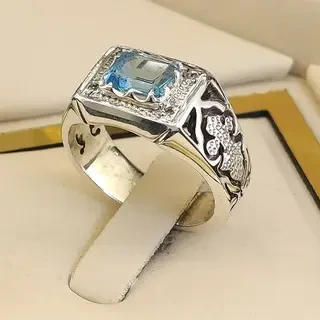 انگشتر نقره مردانه توپاز آبی سوئیسی کد S142251