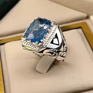 انگشتر نقره مردانه توپاز آبی سوئیسی درجه یک کد S149274