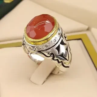 انگشتر نقره مردانه عقیق یمنی سرخ الماس تراش کد S2009