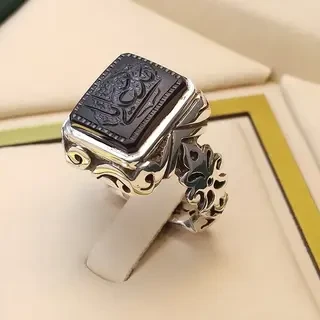 انگشتر نقره مردانه عقیق یمنی مشکی خطی کد S2268