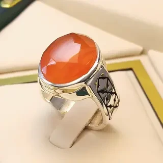 انگشتر نقره مردانه عقیق یمنی سرخ الماس تراش کد S2274