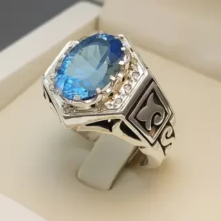 انگشتر نقره مردانه توپاز آبی سوئیسی کد S2287