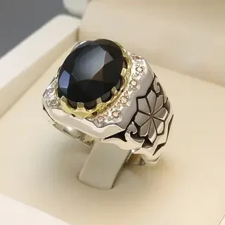انگشتر نقره مردانه عقیق یمنی مشکی الماس تراش کد S2288