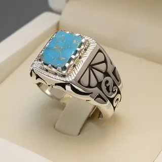 انگشتر نقره مردانه فیروزه نیشابور طبیعی کد S2289