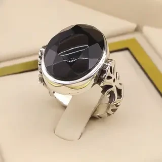 انگشتر نقره مردانه عقیق یمنی مشکی الماس تراش کد S2306