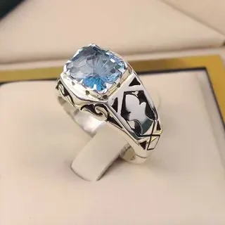 انگشتر نقره مردانه توپاز آبی سوئیسی کد S2344