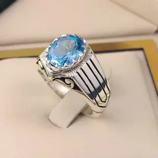 انگشتر نقره مردانه توپاز آبی سوئیسی کد S2345