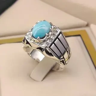 انگشتر نقره مردانه فیروزه نیشابور طبیعی کد S2355