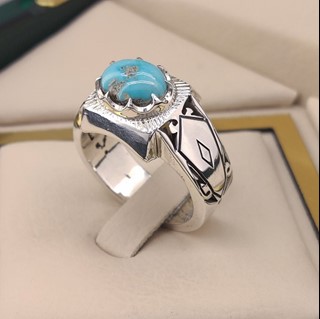 انگشتر نقره مردانه فیروزه نیشابور طبیعی کد S2376