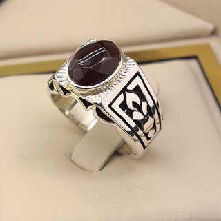 انگشتر نقره مردانه عقیق یمنی سرخ الماس تراش کد S2385