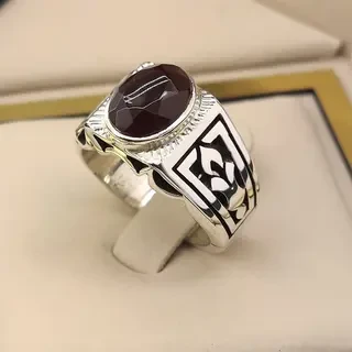 انگشتر نقره مردانه عقیق یمنی سرخ الماس تراش کد S2385