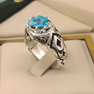 انگشتر نقره مردانه فیروزه نیشابور طبیعی کد S2394