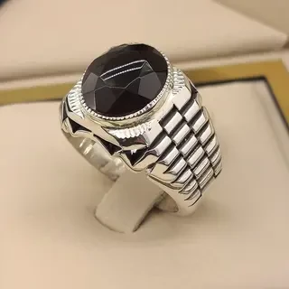 انگشتر نقره مردانه عقیق یمنی مشکی الماس تراش کد S2402