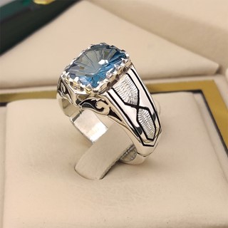 انگشتر نقره مردانه توپاز آبی سوئیسی درجه یک کد S2410