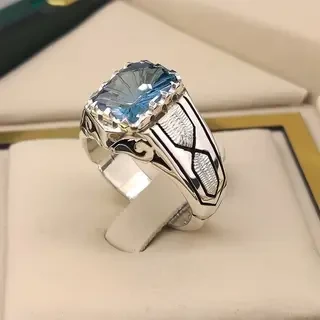 انگشتر نقره مردانه توپاز آبی سوئیسی درجه یک کد S2410