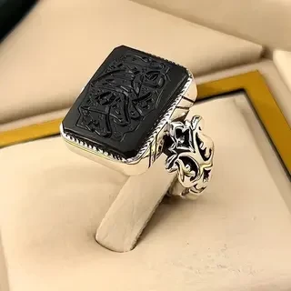 انگشتر نقره مردانه عقیق یمنی مشکی خطی کد S2415