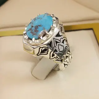 انگشتر نقره مردانه فیروزه نیشابور طبیعی کد S2518