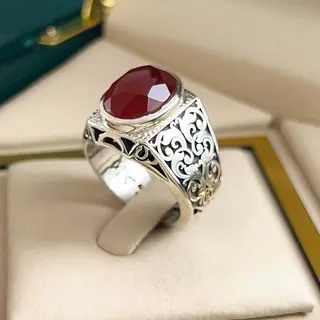 انگشتر نقره مردانه عقیق یمنی سرخ الماس تراش کد S2597