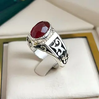انگشتر نقره مردانه عقیق یمنی سرخ الماس تراش کد S2630