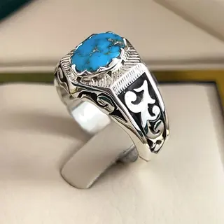 انگشتر نقره مردانه فیروزه نیشابور طبیعی کد S2703