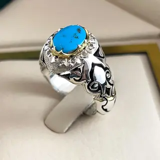 انگشتر نقره مردانه فیروزه نیشابور طبیعی کد S2708